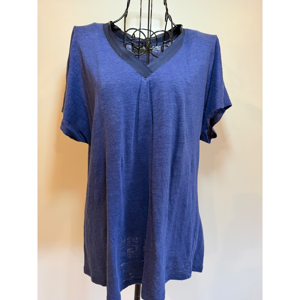 Charlie Paige Womens Blue V-Neck Short Sleeve Slub Knit Top Pleated